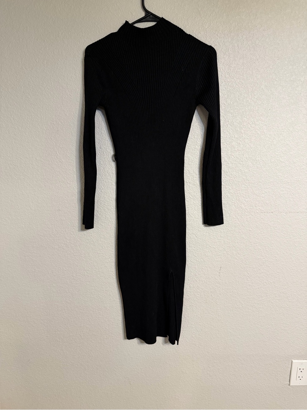 Fashion Nova Black Ribbed Long Sleeve Midi with Side Slit